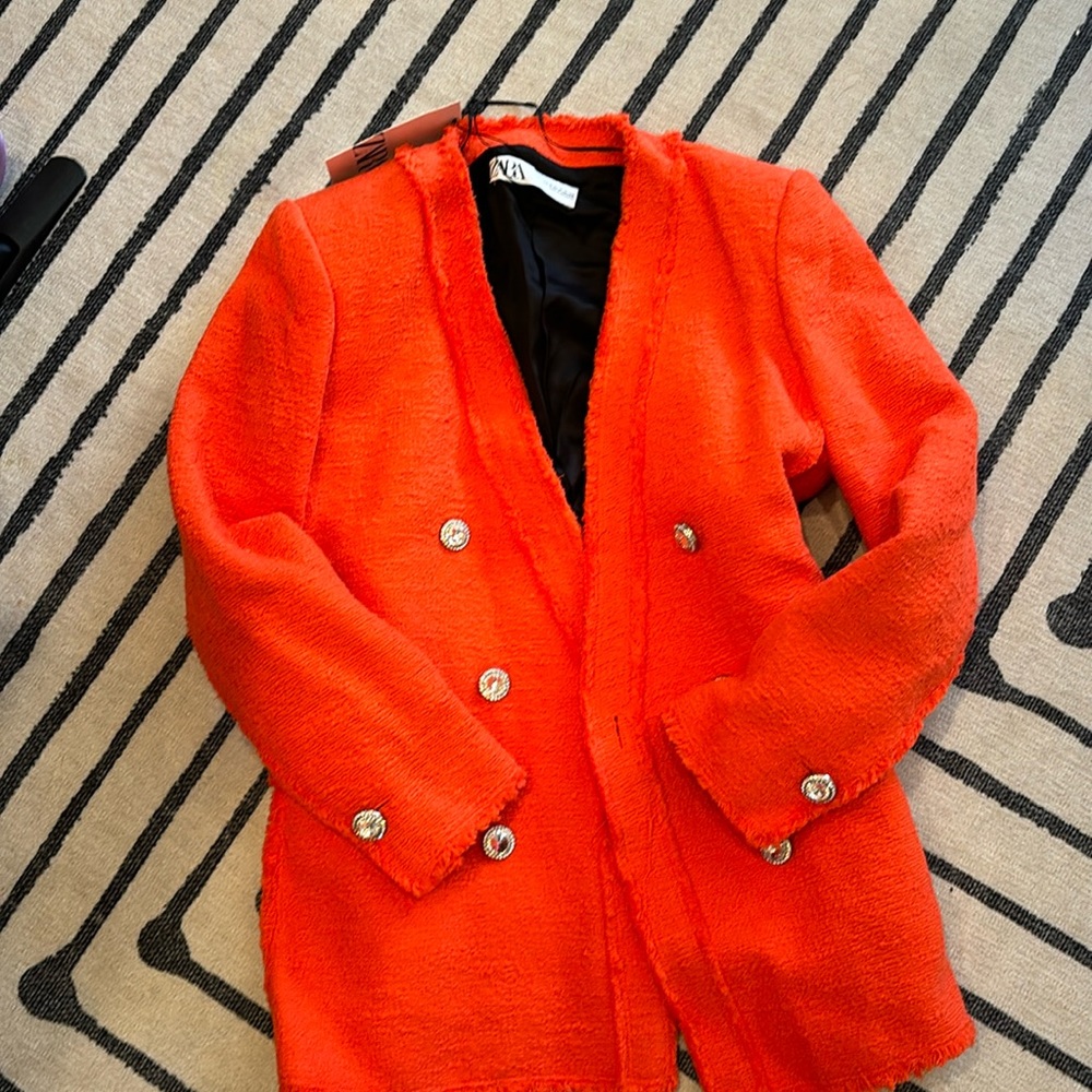 Zara Bright Orange Double-Breasted Bouclé Blazer